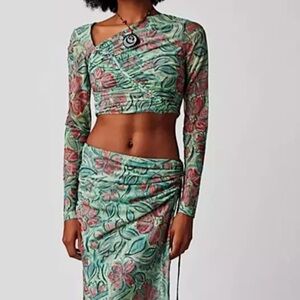 Free People Floral Green and Pink Crop Top